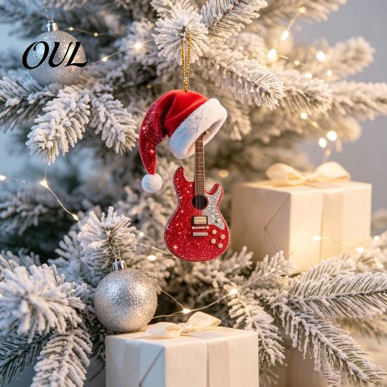 Music Fan Gift Red Guitar Christmas Ornament, 2D Flat Acrylic Hanging Pendant with Decorative Santa Hat, Country Tree Decoration, Holiday for