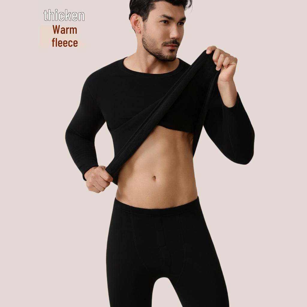 Men's and Women's Fleece-lined Crew Neck Warm Underwear Set: Heat-generating, Cold-proof, Pure Cotton for Autumn.