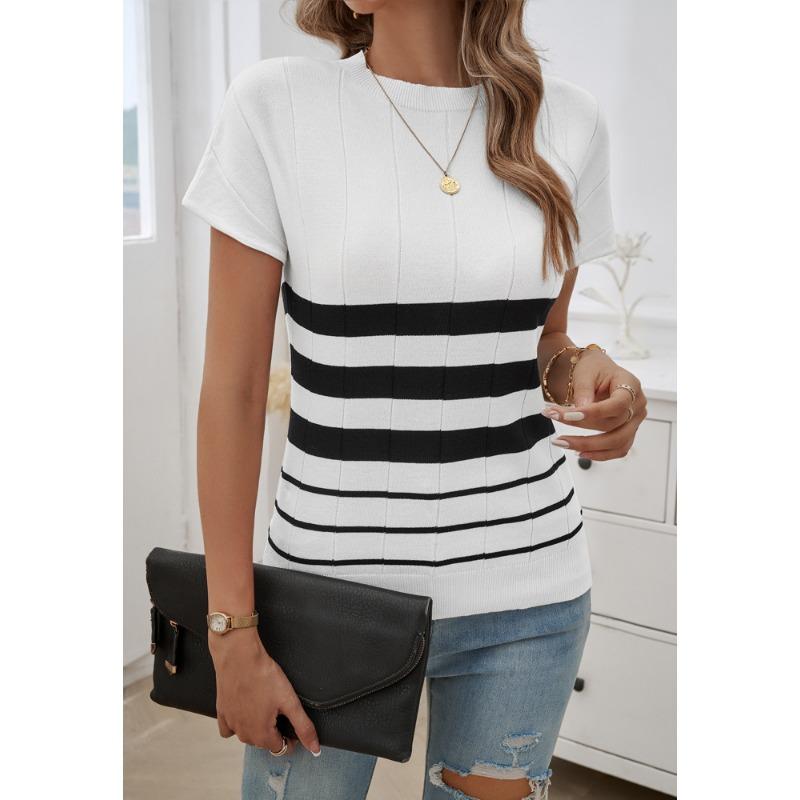 Top with spring temperament slim striped short-sleeved sweater