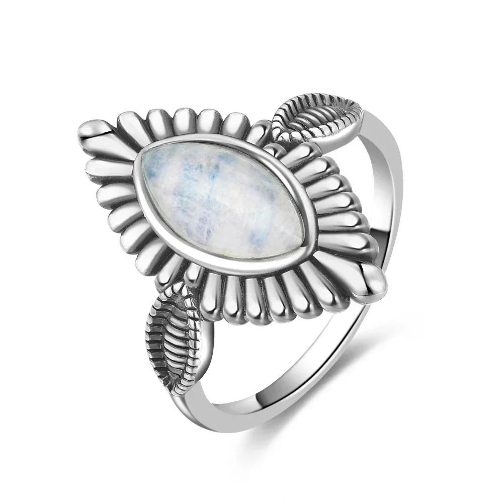 Vintage 925 Silver Ring Natural Moonstone Flower Ring 925 Hollow Eye Shape Round Sun And Moon Ring Fine Jewelry for Women Men