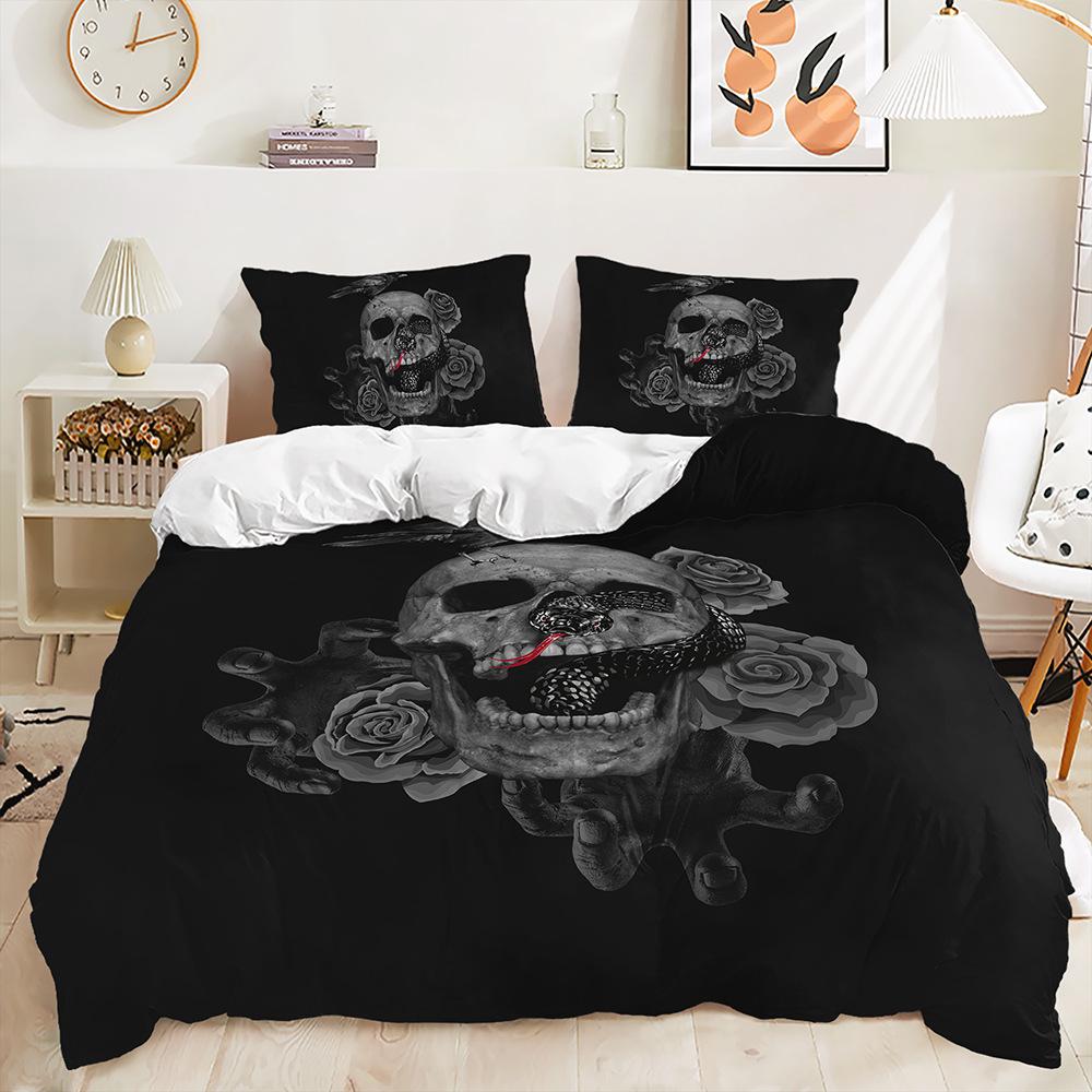 Dreiteiliger 3D-Bettbezug Rose Schädel Dark Wind Kit Bettwäsche