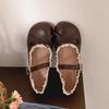 Round Head Retro Bow Flat-bottomed Leather Shoes Women's Spring French Soft-soled Mary Jane Shoes