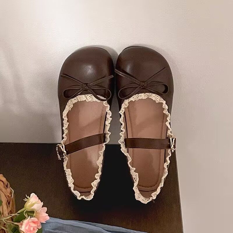 Round Head Retro Bow Flat-bottomed Leather Shoes Women's Spring French Soft-soled Mary Jane Shoes