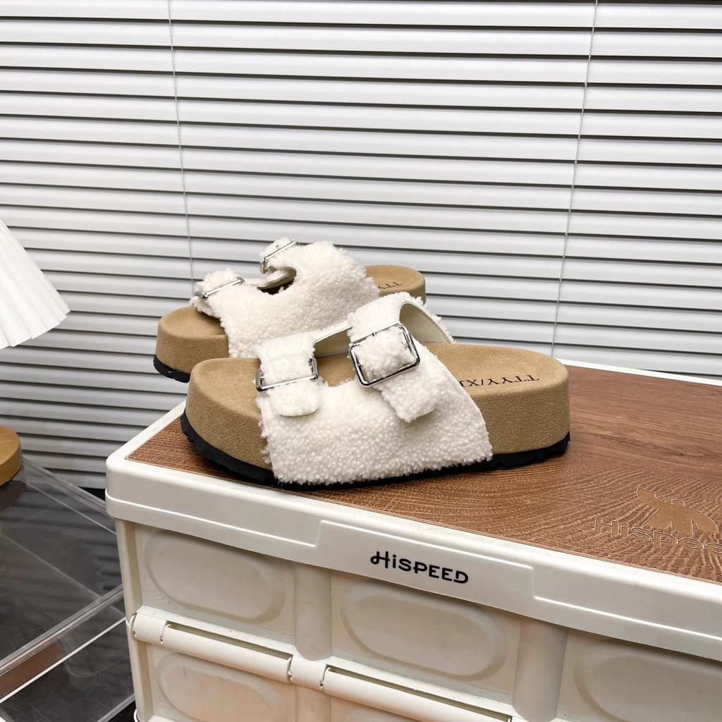 Spring and Autumn New Wool Slippers Women's Cork Slippers Casual One-Word Slippers Women's Summer Outer Wear Fluffy Slippers Women