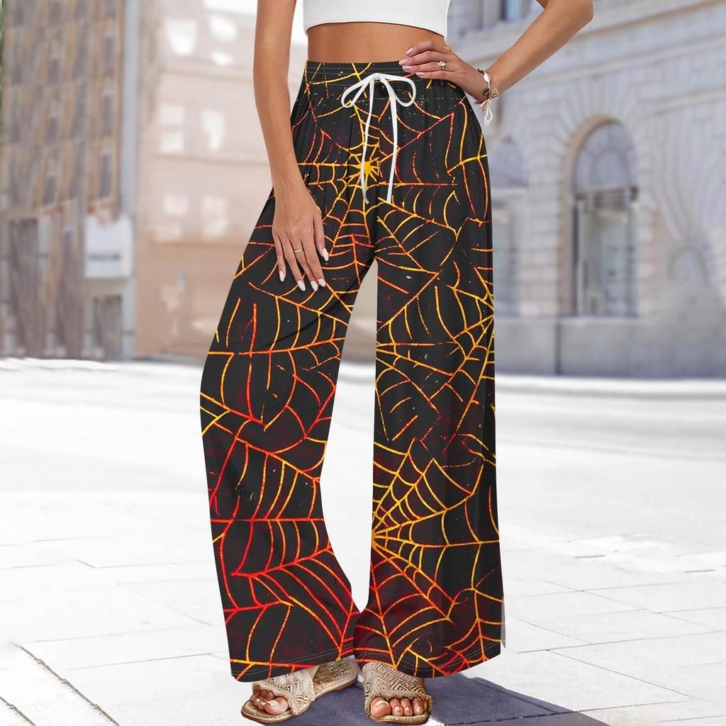Women's Printed Wide Leg Pants With Pockets High Waist Drawstring Loose Casual Pants