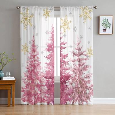 Christmas Snowflake Pink Christmas Tree Sheer Window Curtain Tulle Curtains for Livingroom Bedroom Hotel Home Decor Voile Drapes