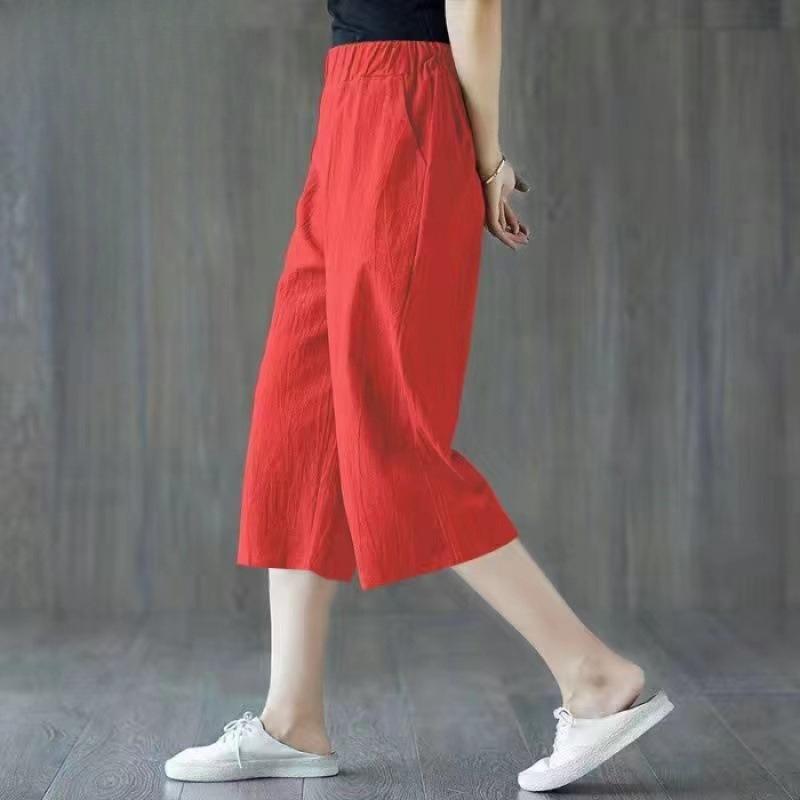 women's High Waist Cotton Linen Wide Leg Cropped Pants Summer Loose Casual Sevena??Point Trousers Plus Size Mom Pants