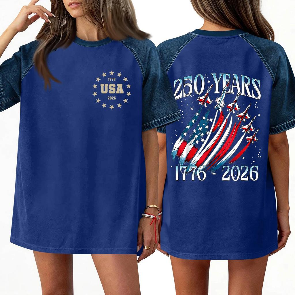 Denim Patchwork Shirts For Women Stand Collar Casual Blouse Short Sleeve Comfy Tshirt Spring Summer Fashion