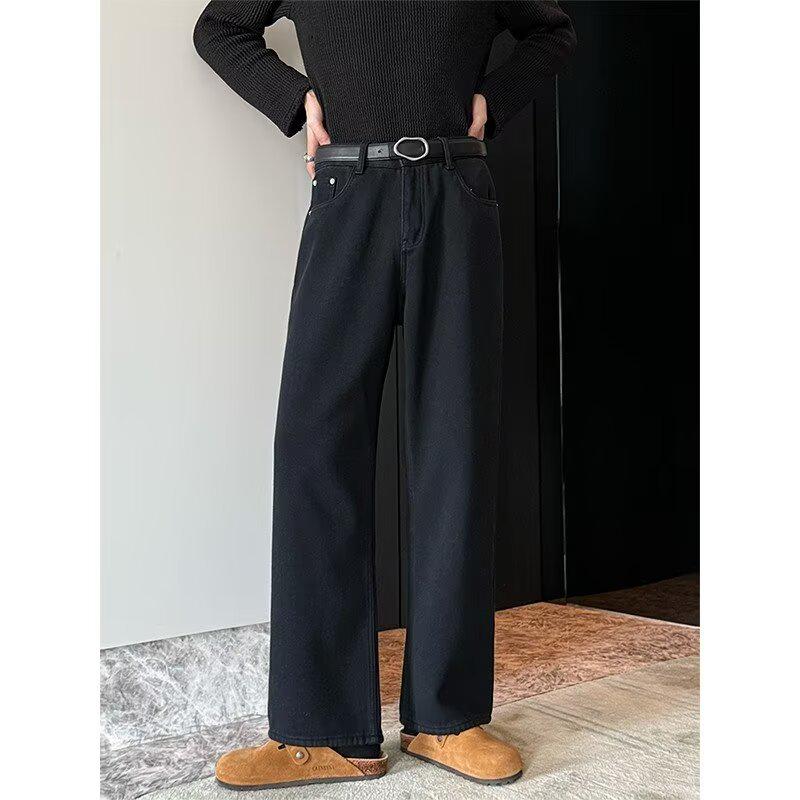 

Джинсы широкие с эффектом потертости в корейском стиле - Ретро повседневные прямого кроя для весны и осени XL чёрный