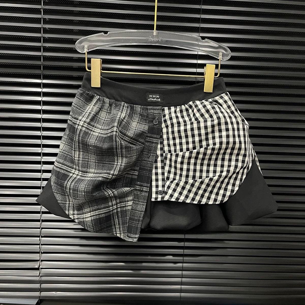 Spring 2026 Niche Black Plaid Patchwork Mini Skirt for Women Large чёрный