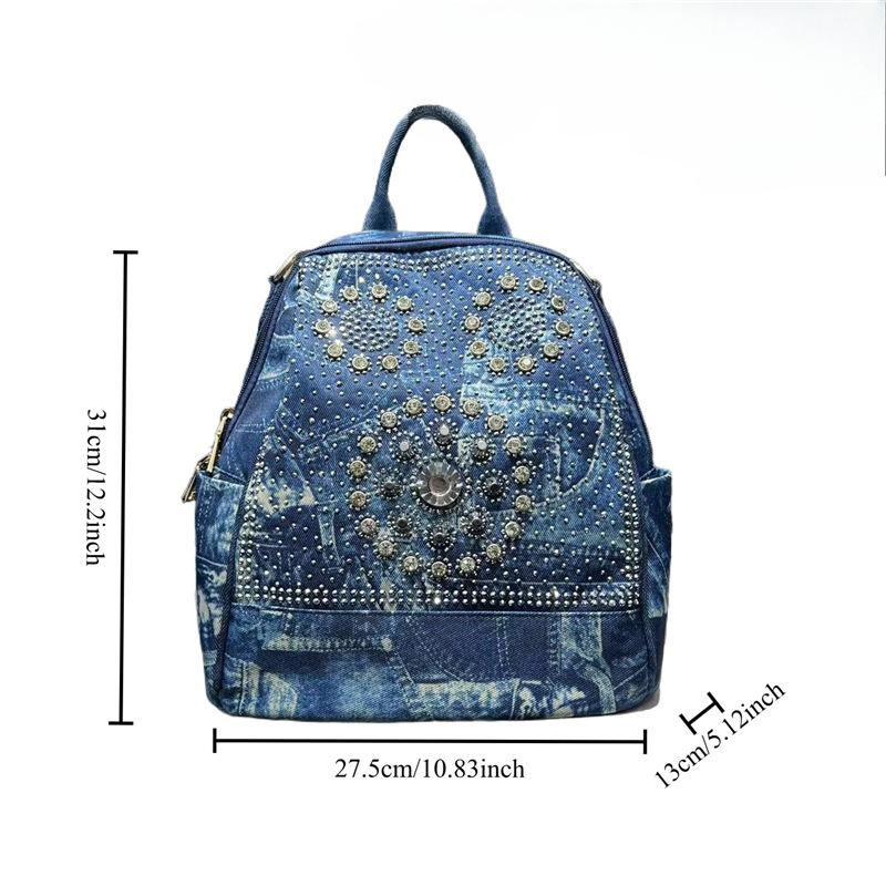 Neutral Denim Washed Denim Backpack Large Capacity Diamond Elegant Multifunctional Shoulder Bag