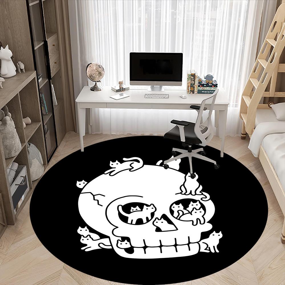 1pc Skull Cats Office Round Area Rug,  Mat Suitable For Office, Under Office Chairs Bedroom Living Room Home Decor, Room Deco