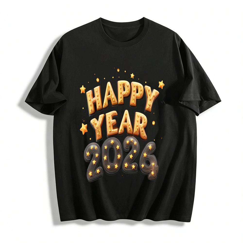 Happy Year 2026 Star Print Casual New Year Celebration Top Pure cotton T-shirt XXS