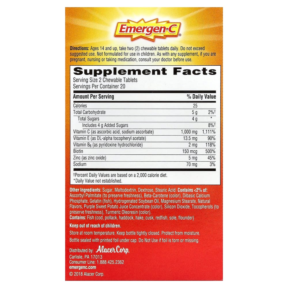 Emergency Vitamin C Chewable Tablets, Orange Blast, 1000mg (40 Count, 500mg Per Tablet)