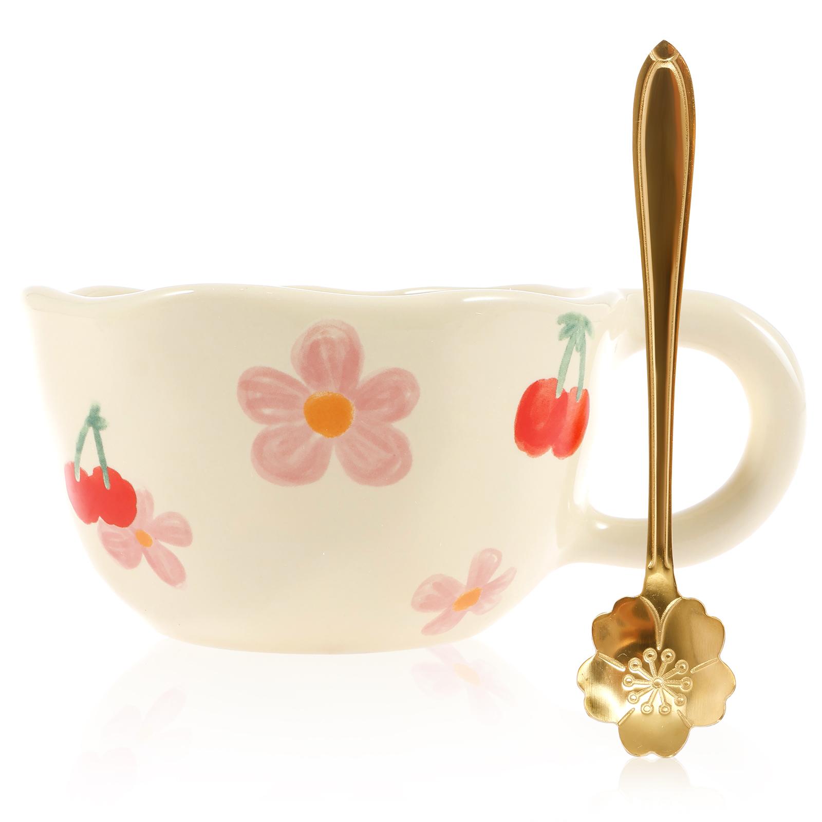 

300 ML Ceramic Mugs Creative Coffee Mug Hand Pinched Irregular Flower Milk Tea Cup Cute Tea Porcelain Cups with Spoon for Office 300ml рожевий