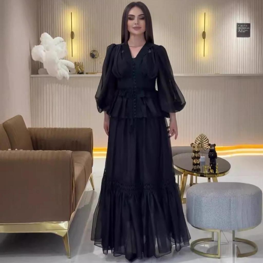 2024 Summer European & American Women's Solid Ruffle Top & Elegant Midi Skirt Set