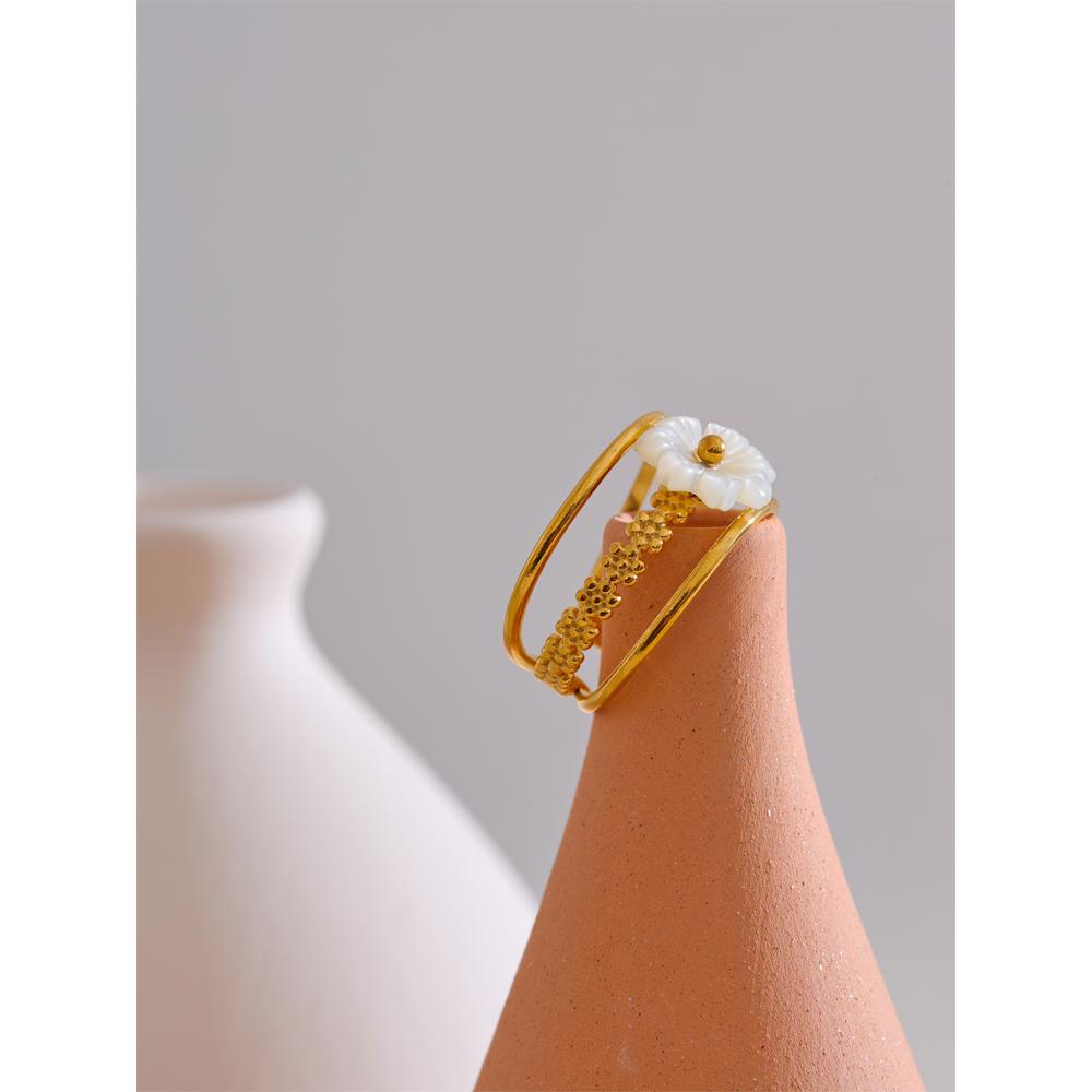 Yhpup Bague Ouverte Creuse en Métal Fleur Coquillage Naturel Acier Inoxydable Plaqué Or 18K Bijoux Sucrés Populaires