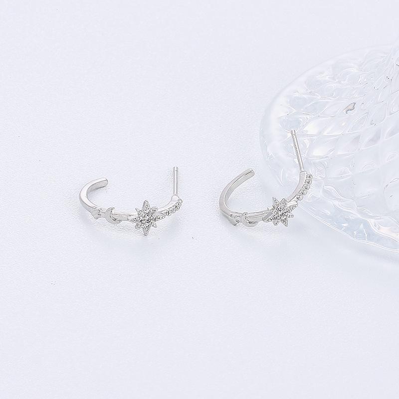 Rice Character Star Moon Earrings C Shape Light Luxury Temperament Shining Diamond Octagram Star Stud Earrings Female Tide