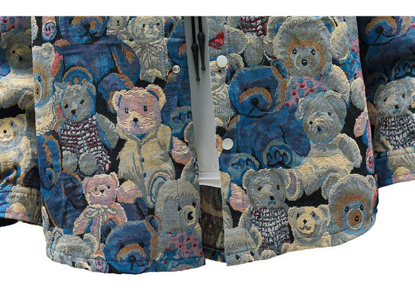 Men's Trendy Denim Bear & Flower Jacket - Cotton, Loose Fit, Wear-Resistant, Big Sizes Available