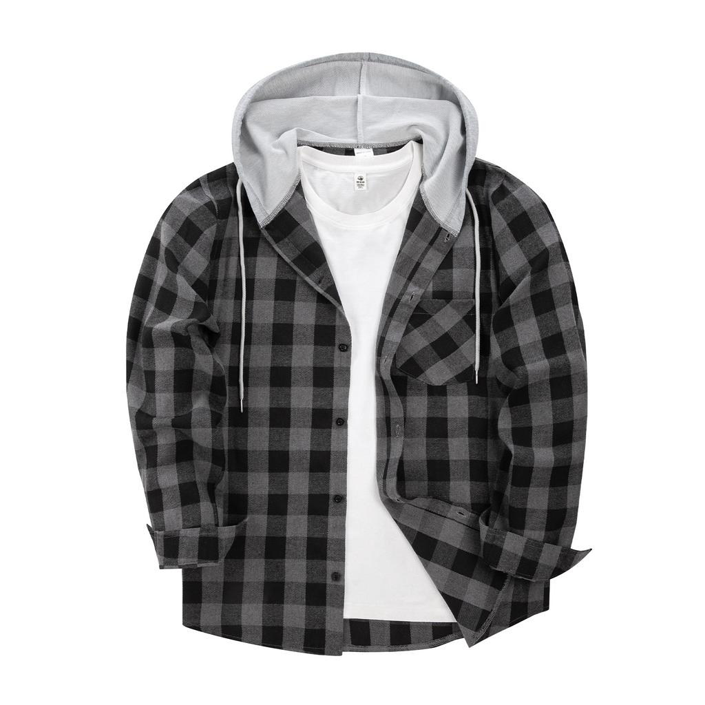 Plus Size Men's Spring And Autumn Loose Casual Long-sleeved Hooded Plaid Shirt Man