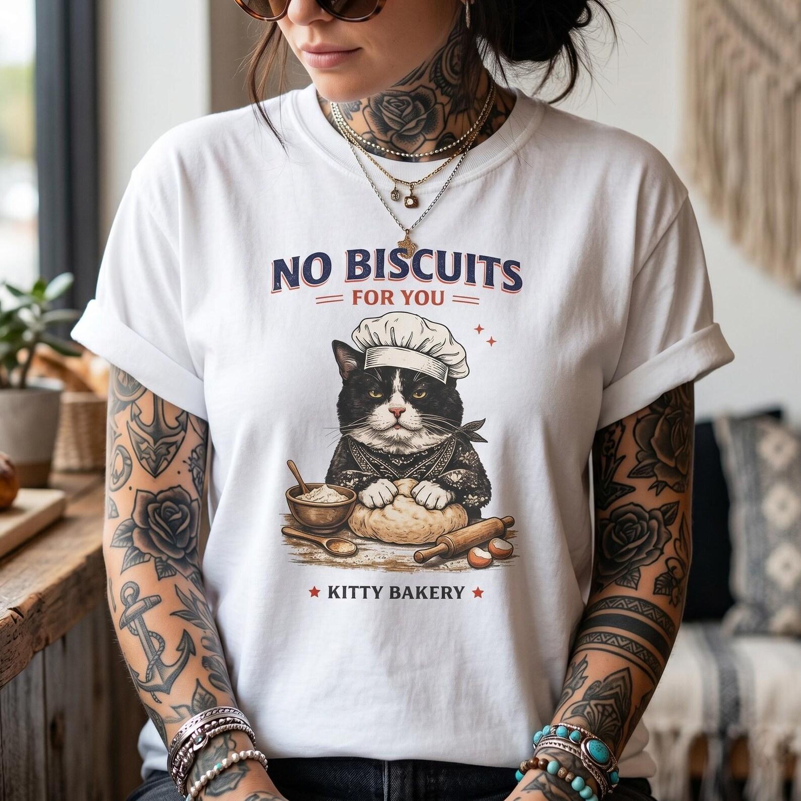 Grumpy Baking Cat Shirt, No Biscuits For You Kitty Bakery Tee XL