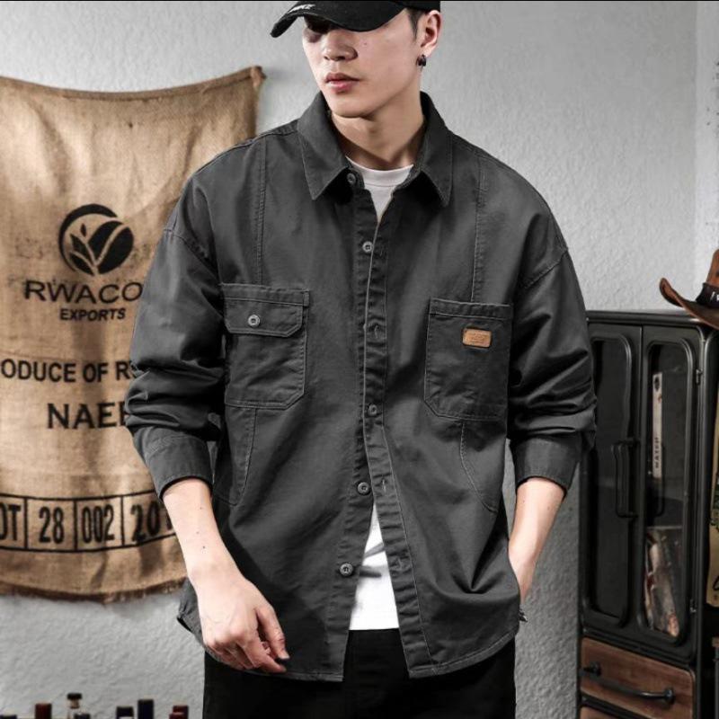 Men's American Retro Black Heavy Workwear Shirt - Spring & Autumn Fashion Jacket