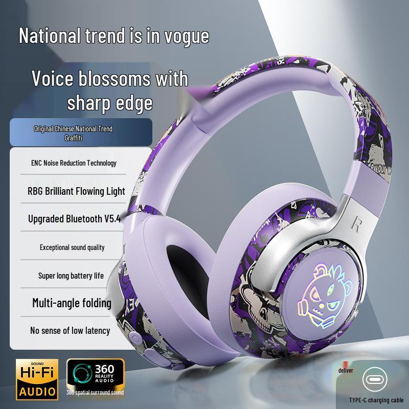 2025 Graffiti Chinese Trend Wireless Bluetooth Gaming Headphones with Ultra-long Battery Life