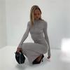 Damen Einfarbig Langarm Rundhals Slim Fit Langes Kleid