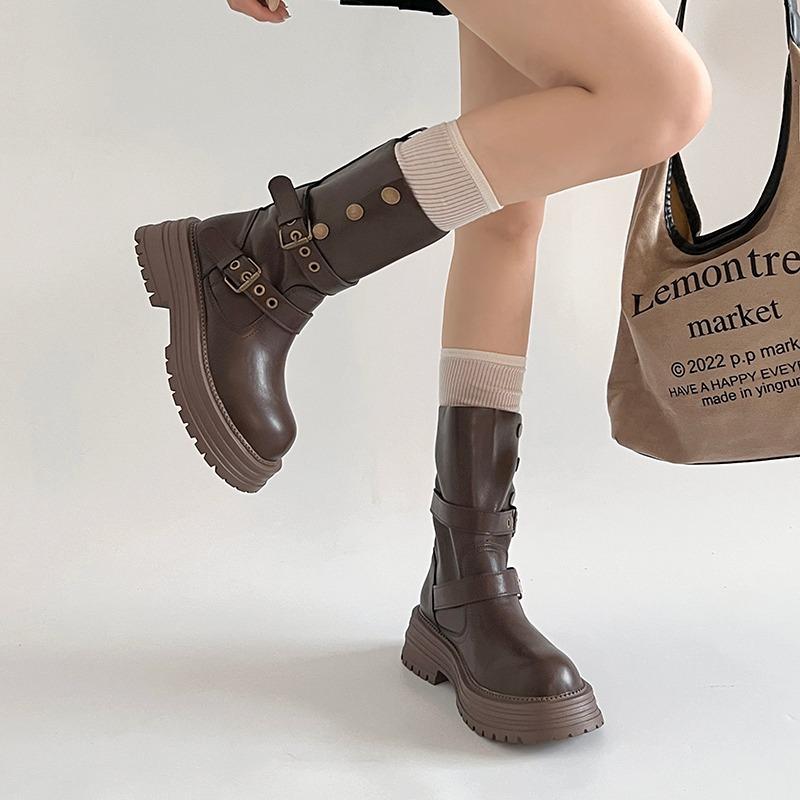 2025 New Vintage Thick Bottom Woman Knee High Boots Fashion Belt Buckle Zippers Shoes Female Knight Long Boots Shoes