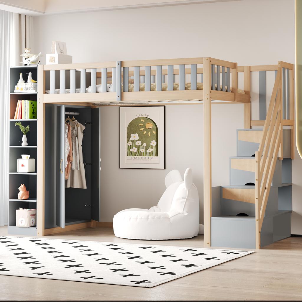 Letto a soppalco multifunzionale 90x200cm con mensole, armadio contenitore e grande armadio, scaletta di sicurezza con vani portaoggetti, colore grigio + legno naturale