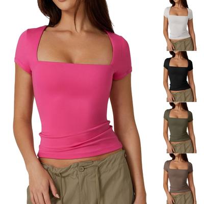 Damen Sommer T-Shirt mit kurzen Ärmeln, quadratischem Ausschnitt, sexy Slim Fit
