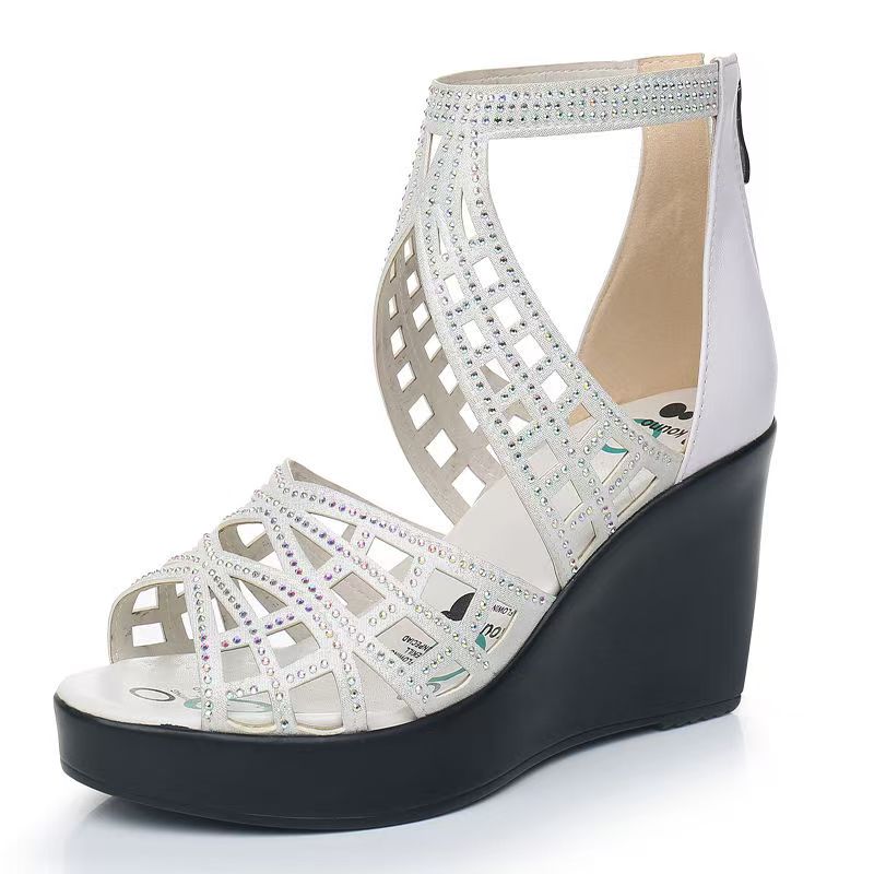 Sandali Zeppa Donna Estivi in Vera Pelle Traforati Suola Spessa Antiscivolo Copri Tacco Alto Zip Sandali con Tacco Alto e Punta Aperta