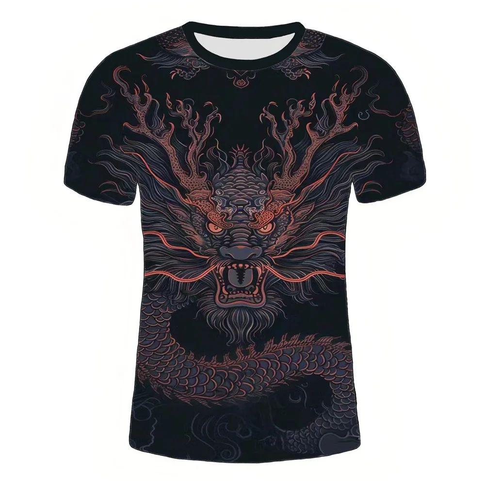 2025 Letní Móda O-Výstřih 3D Tištěný Vzor Draka Digitálně Tištěné Tričko Ležérní Osobnost Street Nadměrná Velikost Volný Top
