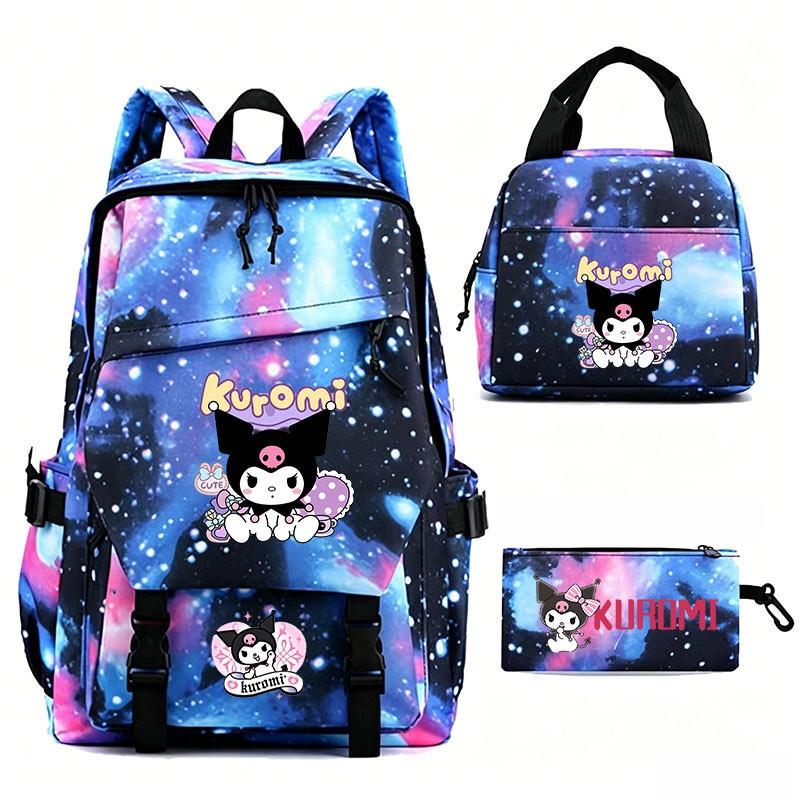 Kuromi Kids School Backpack Set 3pcs Cartoon Oxford Fabric Lightweight Ergonomic Shoulder Bag Grades 3-9