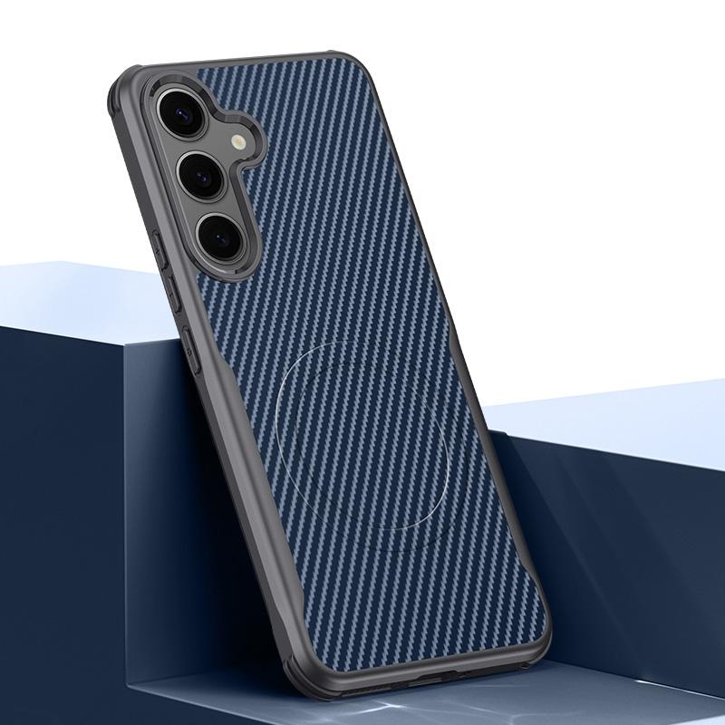 Carbon Fiber Texture Soft Magnetic Phone Case For Samsung S25 Ultra S24 Plus S23 TPU Hybrid Silicone Shockproof Slim Wireless Charge Cover