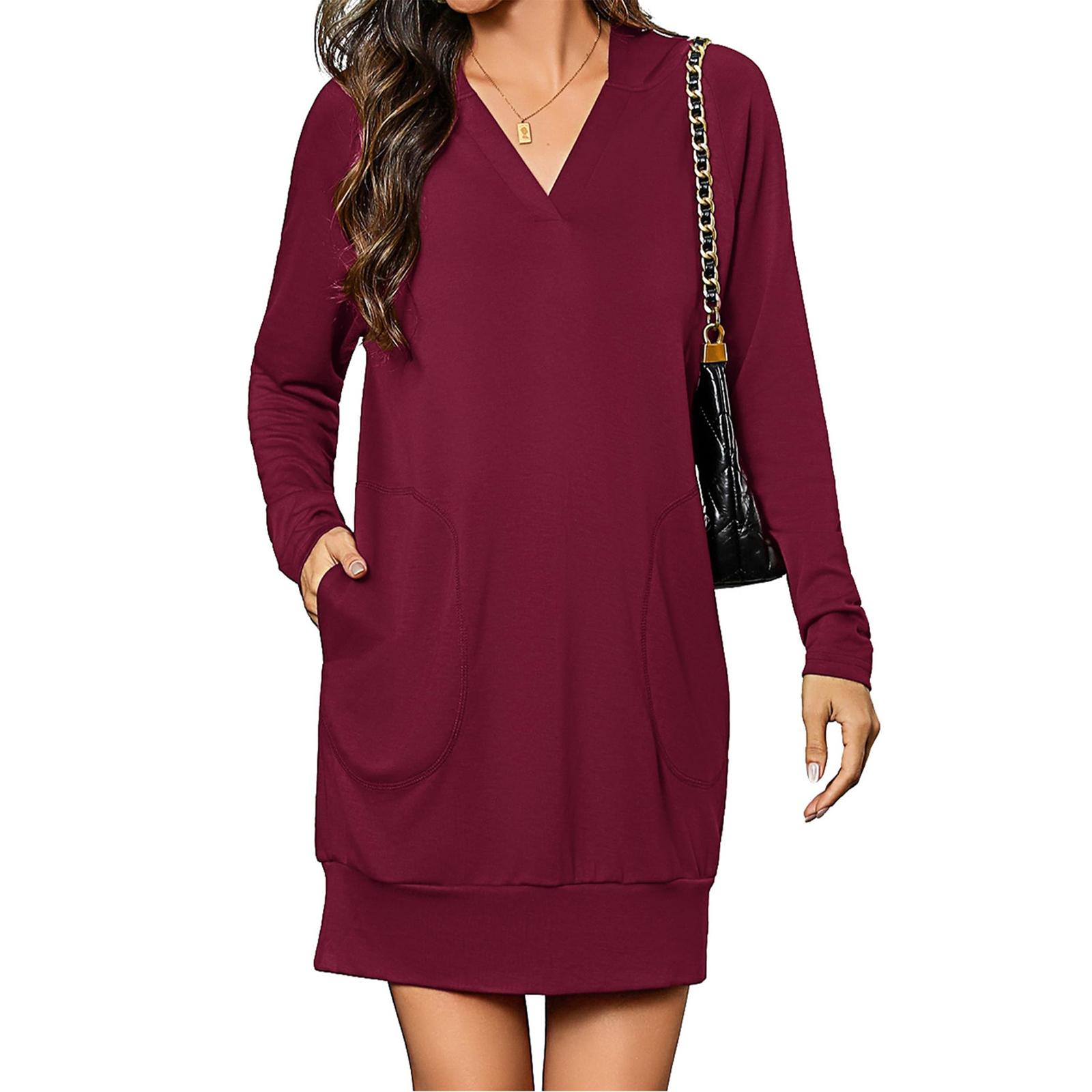 

Женское платье-худи оверсайз для женщин, повседневное, с длинными рукавами, V-образным вырезом, капюшоном и карманами XL винный