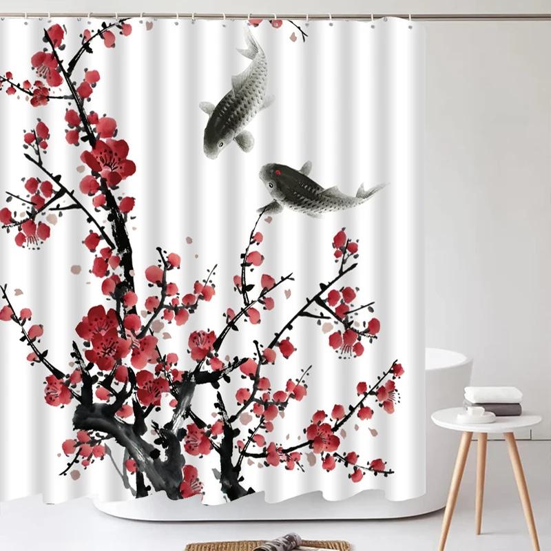 Chinese Style Flower Bird Shower Curtains Waterproof Bathroom   Curtain 3d Printed Fabric With Hooks Decoration Shower Curtain