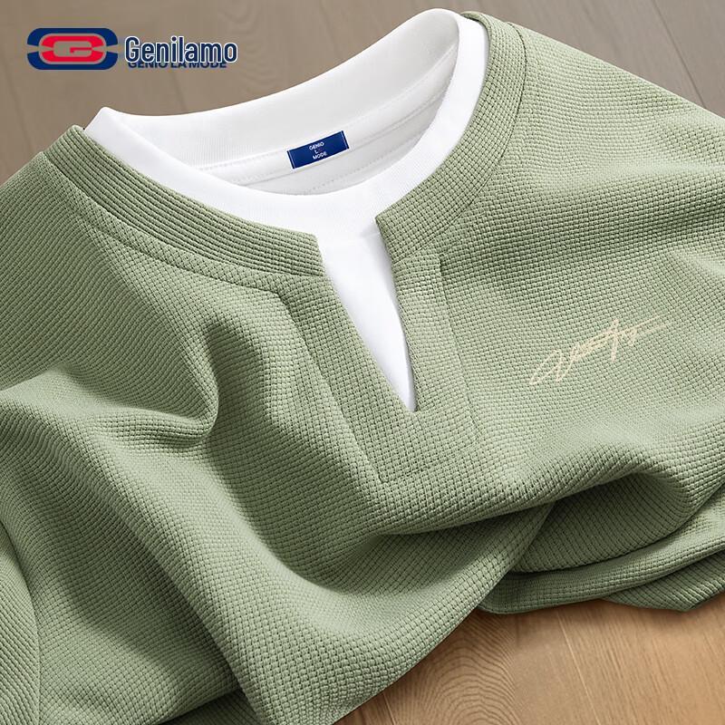 Мужская футболка GENIOLAMODE с вафельной вязкой, V-образным вырезом, имитацией двойки, с длинным рукавом M