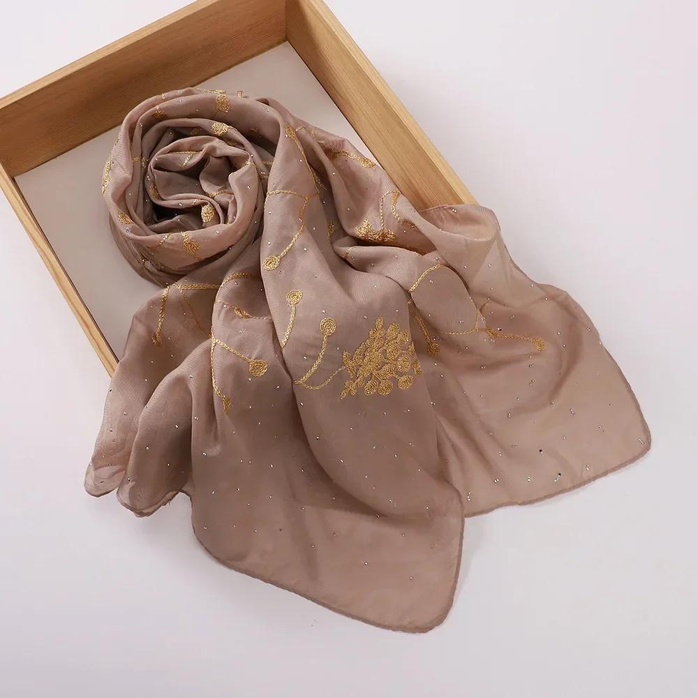 New Embroidered Diamond Chiffon Hijab Scarf Women Luxury Soft Plain Shawl For Women Muslim Hijabs For Women Turban Femme Bandana