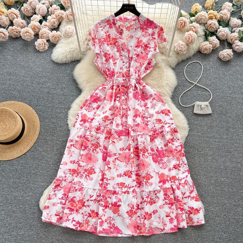 French Sweet Gentle V-neck Floral Chiffon Dress Women's Summer Tight Waist Elegant Slim Looking Vacation Style Fairy Dress