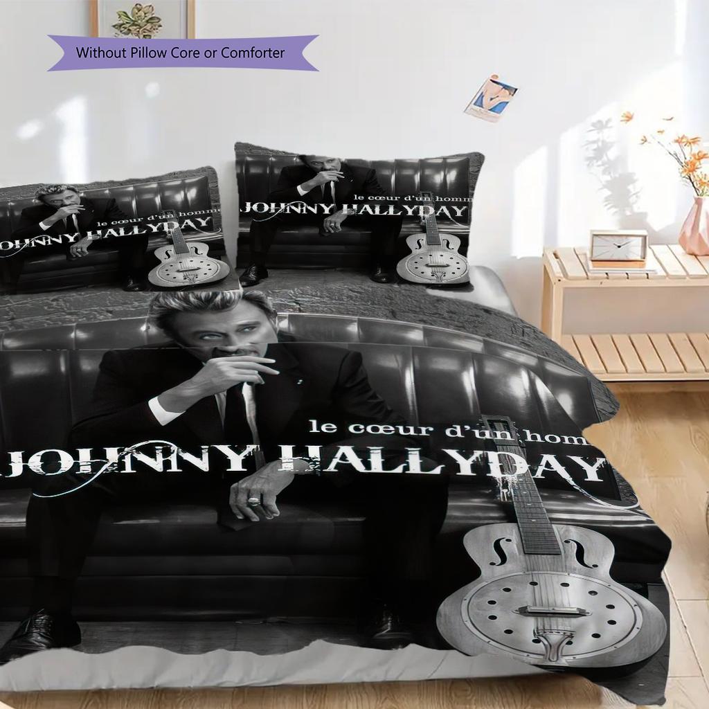 Johnny Hallyday Retro Records bedding, duvet cover, pillowcase, home decoration, birthday gift (1 * duvet cover+2 * pillowcase, coreless)
