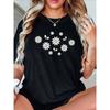 Womens Vintage Inspired Black White Daisy Print Tee White Floral Pattern Soft Breathable Loose Fit Round Neck Short Sleeve  Gift Top