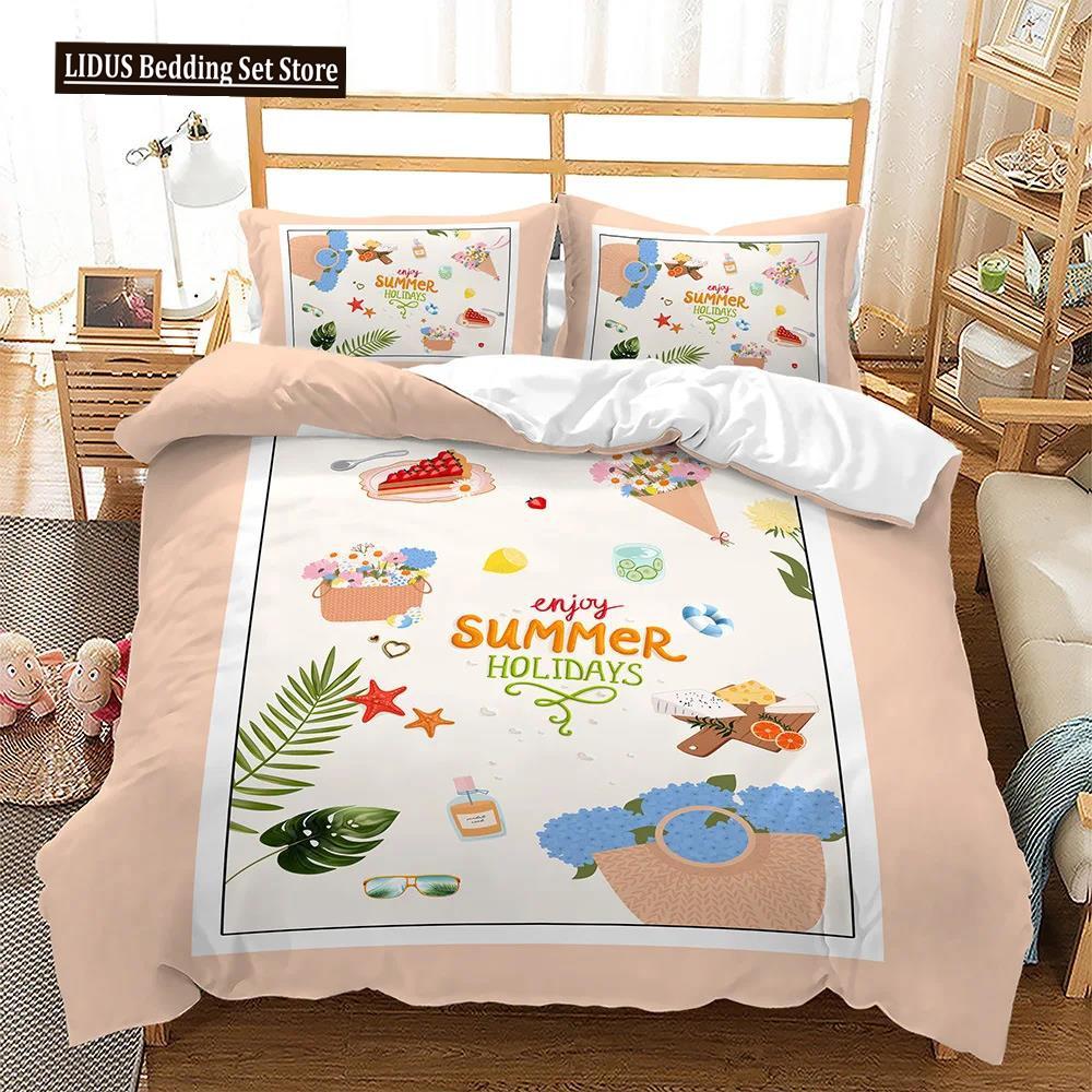 Sommerurlaub Thema Bettbezug Set King Queen Größe Strand Muschel Seestern Bettdeckenbezug für Kind Junge Mädchen Polyester Bettwäsche Set