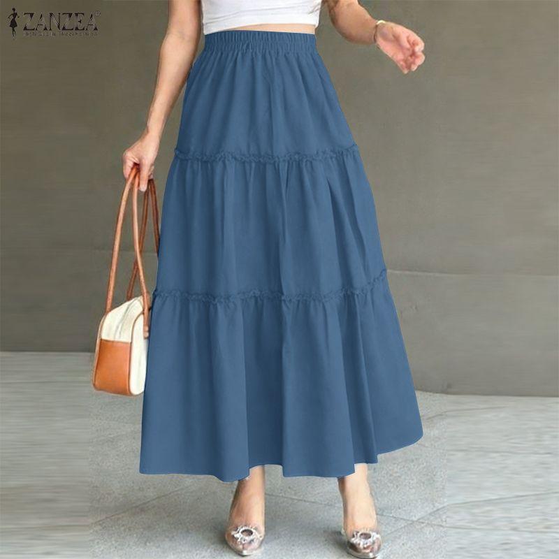 ZANZEA Women Casual Elastic Waist Solid Color Loose Long Skirts