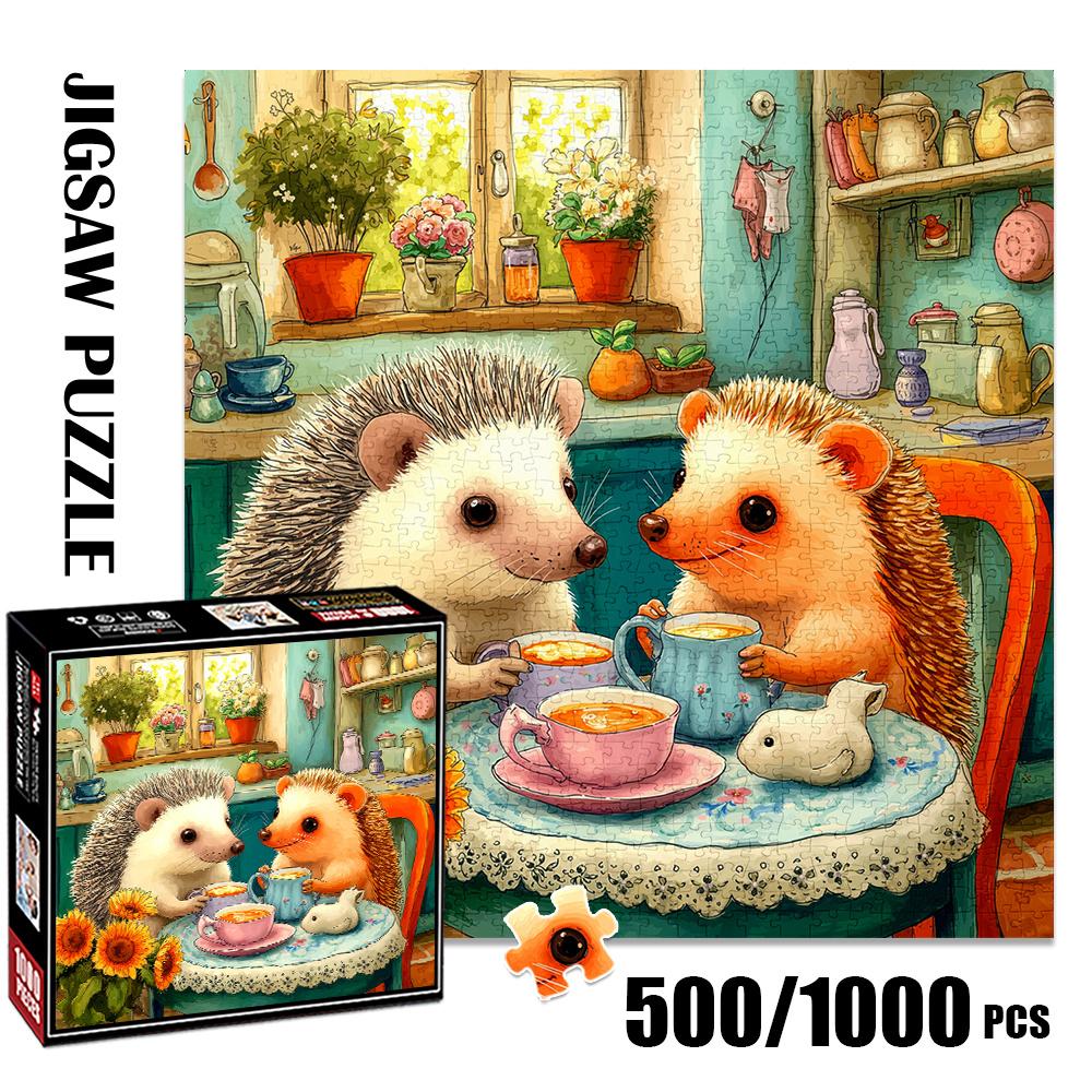 1000pcs Adult Puzzle Measuring Featuring a Countryside Hedgehog Afternoon Tea Design. This 500pcs Paper Puzzle Is Perfect for Adults And Families As