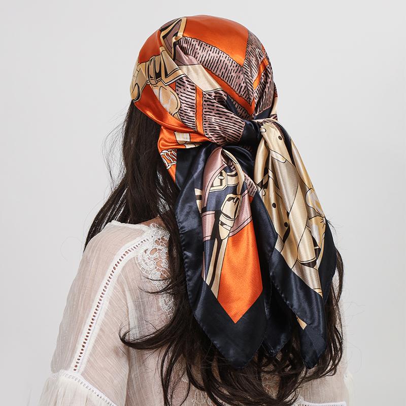 90*90cm Luxury Brand Square Silk Scarf Women Satin Print Hijab Scarves Muslim Pareo Bandana Female Shawl Wrap Headband Foulard