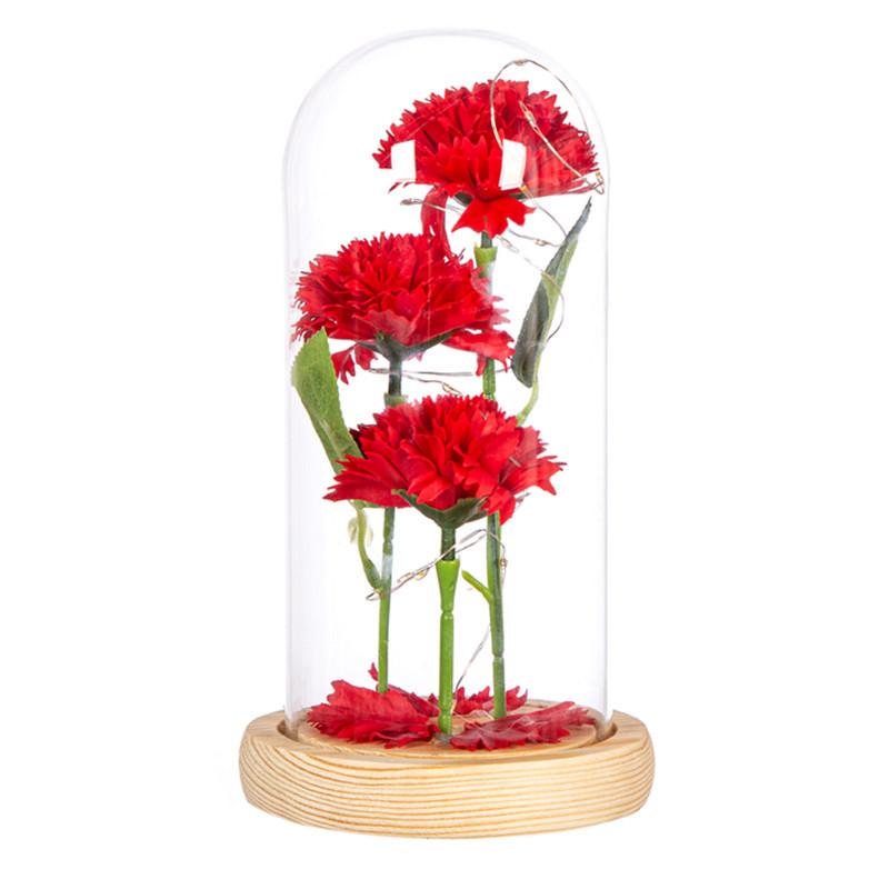 Three Carnations Glass Cover Ornament Mother's Day Gift Simulated Flower LED Luminous Small Gift Merchandise