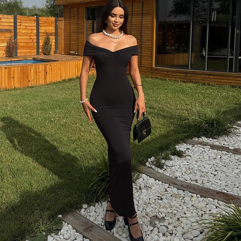 

Fashion Style 2024 Winter New Sexy Pure Color off-the-Shoulder Silm Sheath Dress Female Elegant Slimming Dress Black L