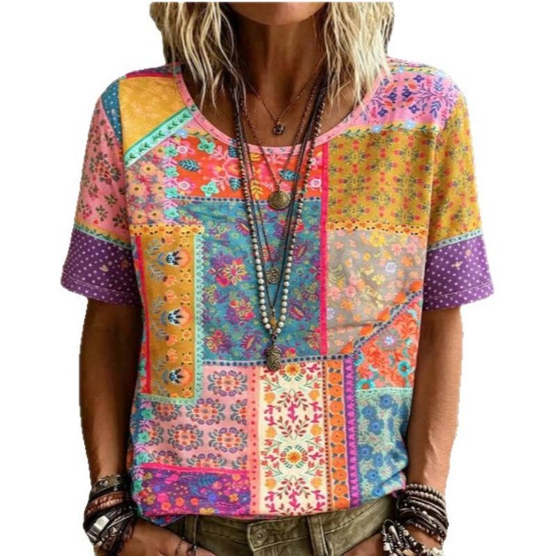 Mori Colorful Small Floral Round Neck Short-sleeved Women's Idyllic Loose Casual Summer Top