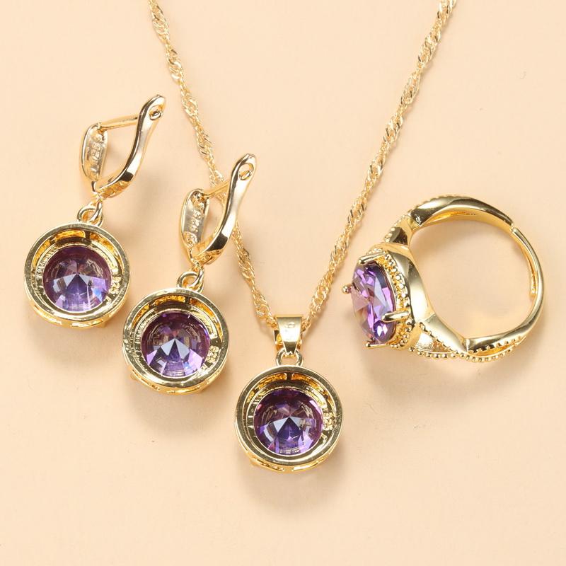 Gold Plated Women Wedding Accessories Natural Crystal Jewelry Sets For Women African Necklace And Earrings Open Ring Gift